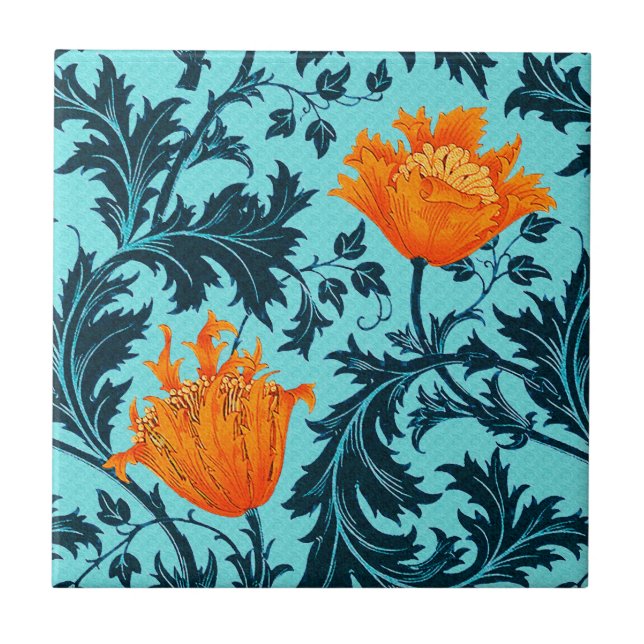William Morris Anemone, Indigo Blue and Coral Tile (Front)