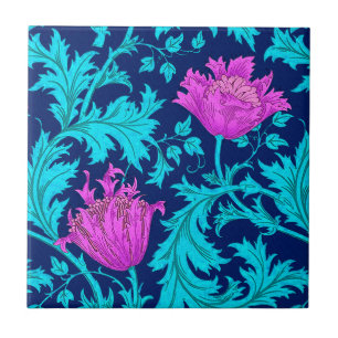 William Morris Anemone, Navy, Turquoise & Magenta Ceramic Tile