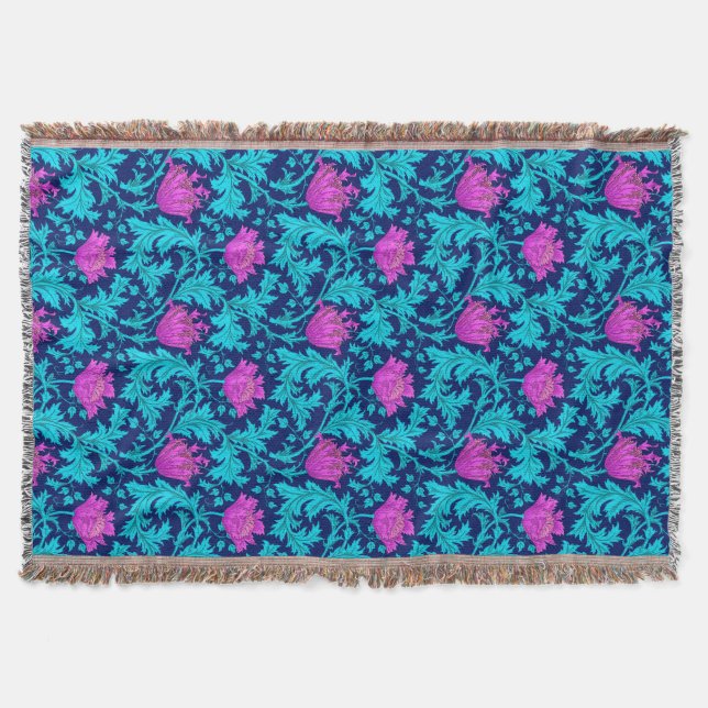 William Morris Anemone, Navy, Turquoise & Magenta Throw Blanket (Front)