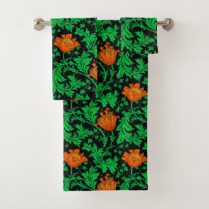 William Morris Anemone, Orange, Green and Black Bath Towel Set