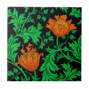 William Morris Anemone, Orange, Green and Black Ceramic Tile