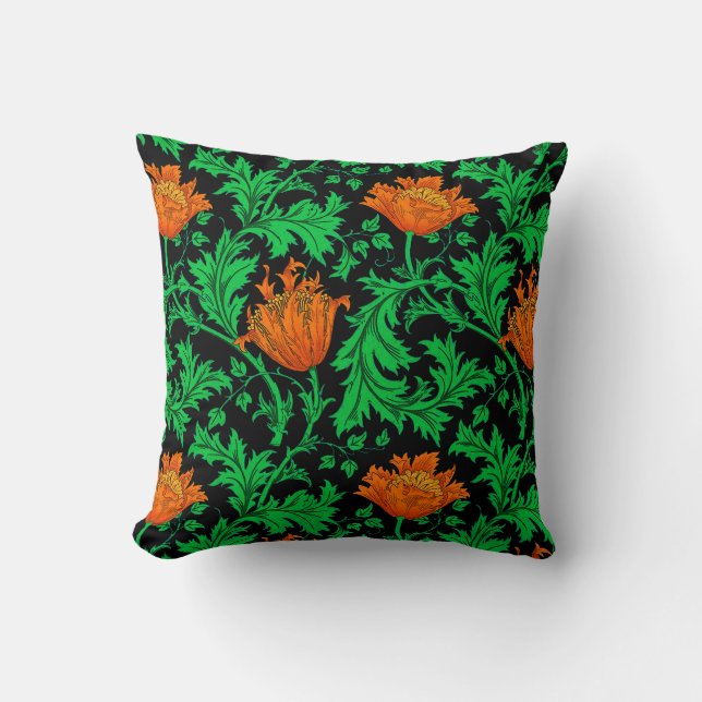 William Morris Anemone, Orange, Green and Black Cushion (Front)