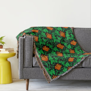 William Morris Anemone, Orange, Green and Black Throw Blanket