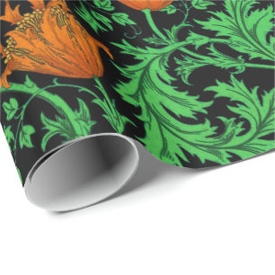 William Morris Anemone, Orange, Green and Black Wrapping Paper