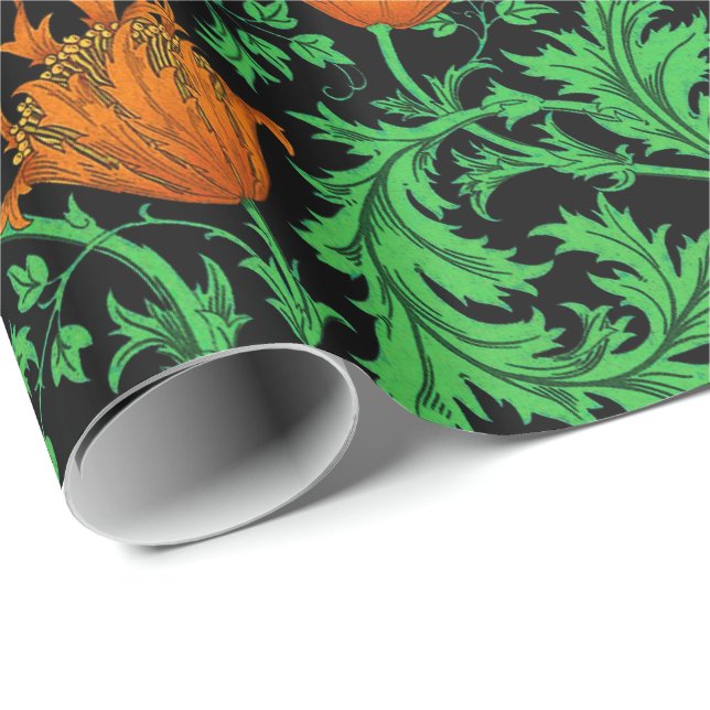 William Morris Anemone, Orange, Green and Black Wrapping Paper (Roll Corner)