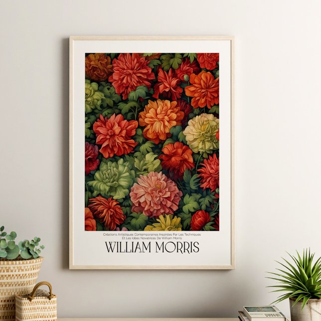 William Morris Antique Floral Pattern  Poster (William Morris Antique Floral Pattern Poster in a boho neutral living room with green plants.)