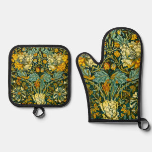 William Morris Antique Honeysuckle Floral Pattern Oven Mitt & Pot Holder Set