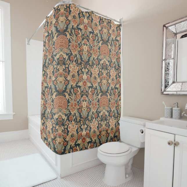 William Morris Antique Honeysuckle Floral Pattern Shower Curtain (In Situ)