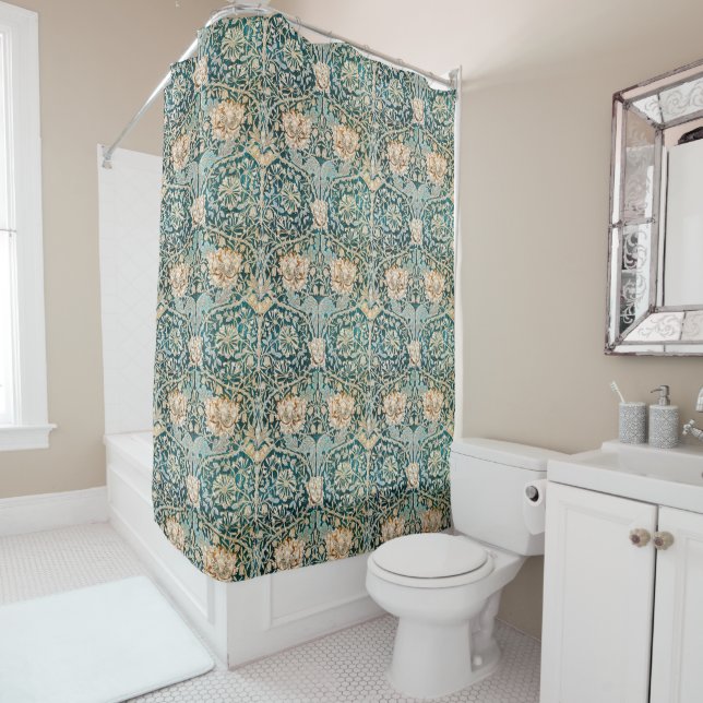 William Morris Antique Honeysuckle Floral Pattern Shower Curtain (In Situ)