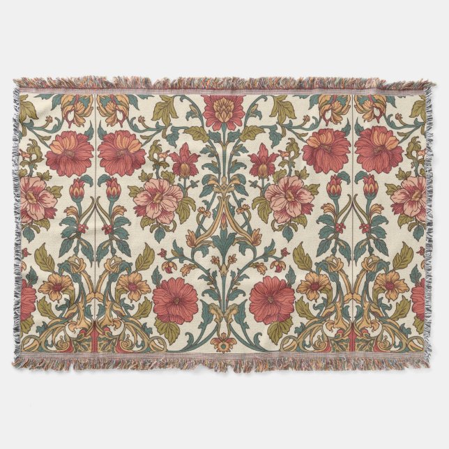 William Morris Antique Honeysuckle Floral Pattern Throw Blanket (Front)