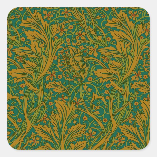 William Morris Arcadia Floral Pattern Green Golden Square Sticker (Front)