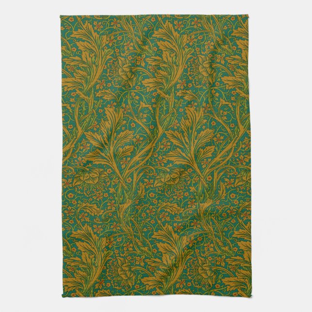 William Morris Arcadia Floral Pattern Green Golden Tea Towel (Vertical)