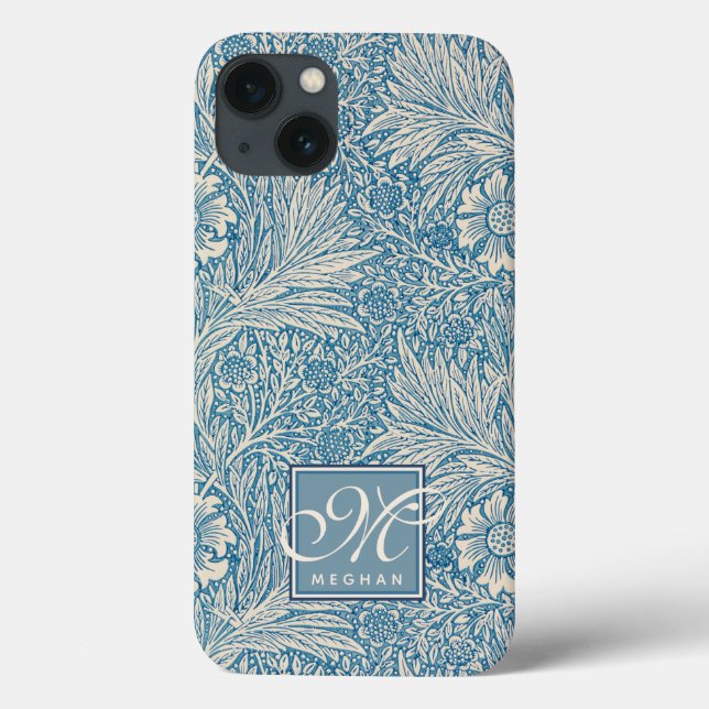 William Morris, Art Nouveau Blue Marigold Monogram Case-Mate iPhone Case (Back)