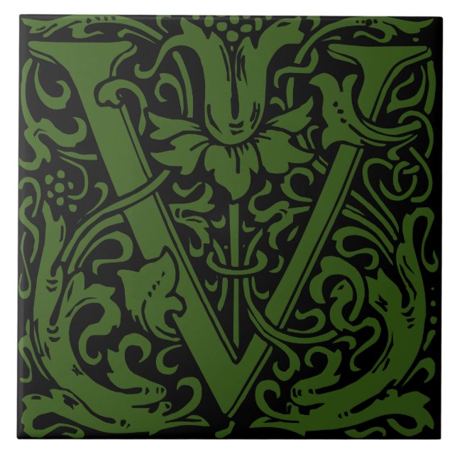 William Morris Art Nouveau Floral Initial Letter U Ceramic Tile (Front)