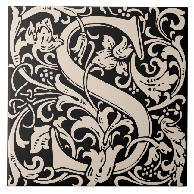 William Morris Art Nouveau Initial Vines Letter S Ceramic Tile (Front)
