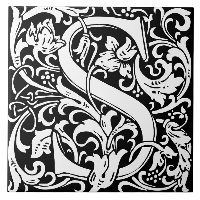 William Morris Art Nouveau Initial Vines Letter S Ceramic Tile (Front)