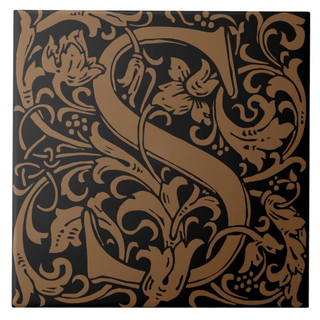 William Morris Art Nouveau Initial Vines Letter S Ceramic Tile (Front)