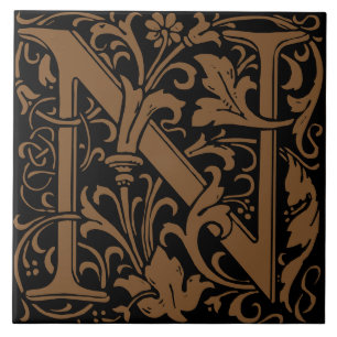 William Morris Art Nouveau Monogrammed Letter N Ceramic Tile
