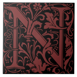 William Morris Art Nouveau Monogrammed Letter N Ceramic Tile