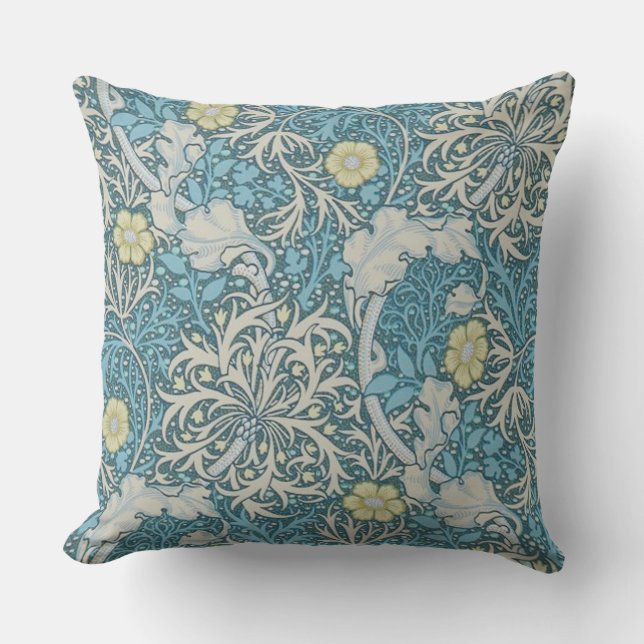 William Morris,art nouveau pattern, seaweed,blue,f Cushion (Front)