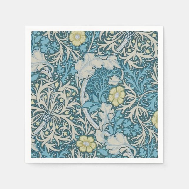William Morris,art nouveau pattern, seaweed,blue,f Napkin (Front)