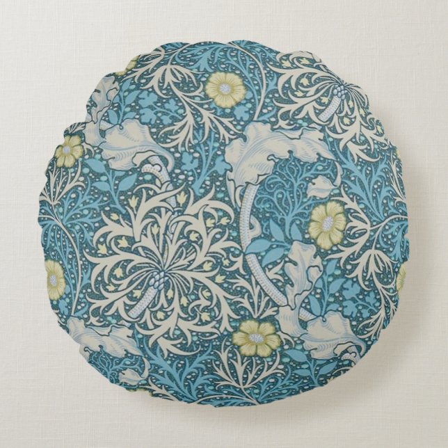 William Morris,art nouveau pattern, seaweed,blue,f Round Cushion (Front)