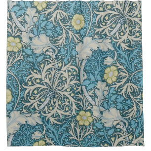 William Morris,art nouveau pattern, seaweed,blue,f Shower Curtain
