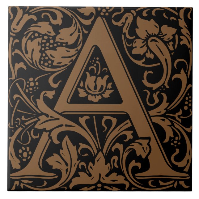William Morris Arts and Crafts Monogram Letter A Ceramic Tile (Front)