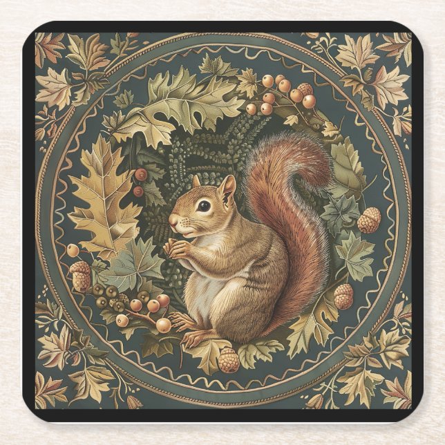 William Morris Autumn Chipmunk Leaves Berries Square Paper Coaster (Front)