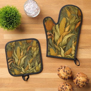 William Morris Autumn Corn Squirrel Retro Oven Mitt & Pot Holder Set