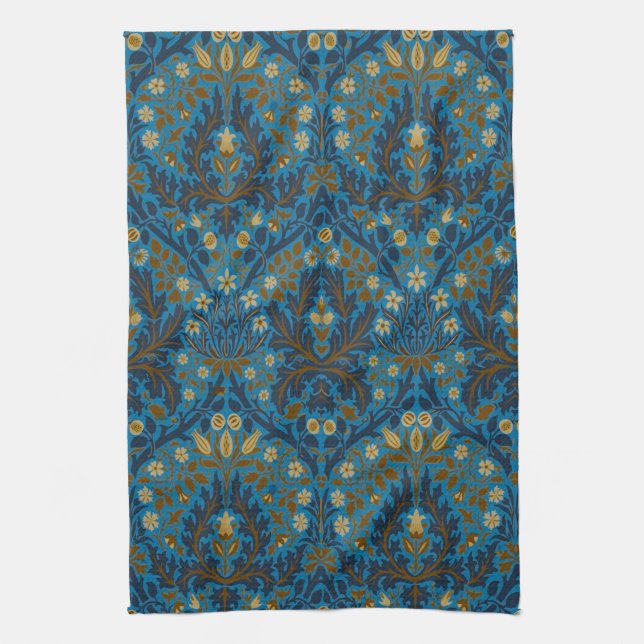 William Morris Autumn Flowers Pattern Seaside Blue Tea Towel (Vertical)
