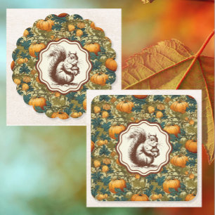 William Morris Autumn Pumpkin with Squirrel Retro Square Paper Coaster