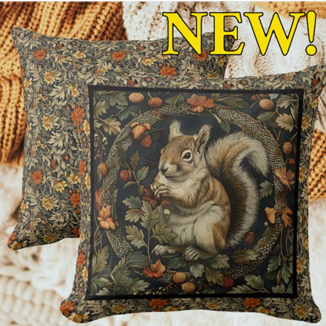 William Morris Autumn Squirrel Fall Leaves Cushion (Stunning William Morris Autumn Squirrel illustration!)