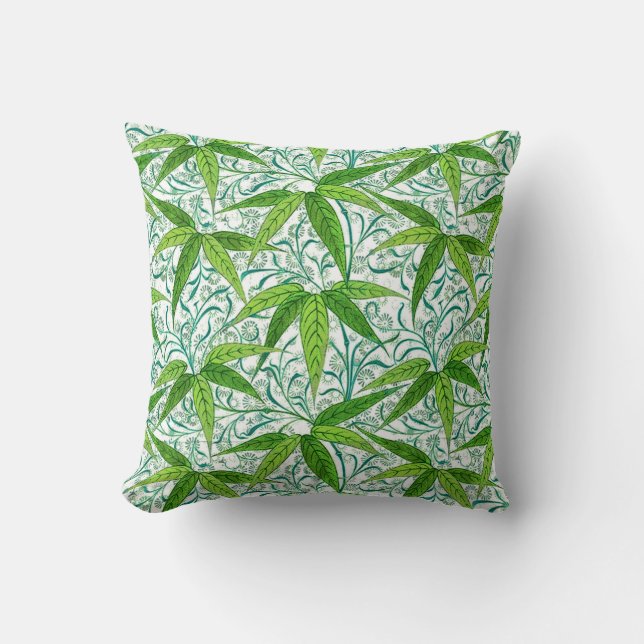 William Morris Bamboo Print, Green and White Cushion (Front)