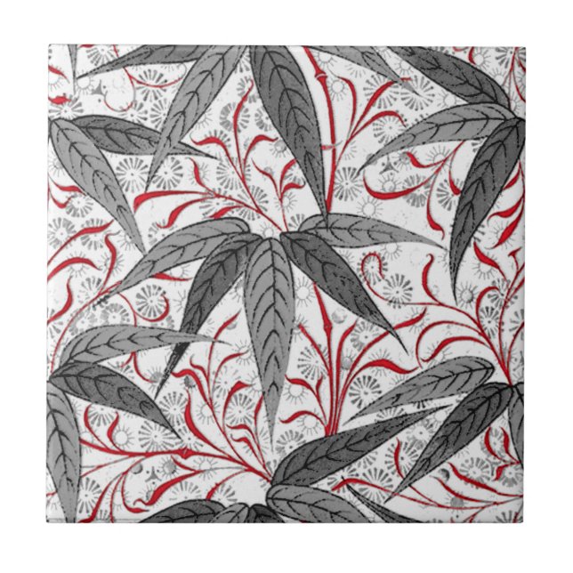 William Morris Bamboo Print, Grey and White Ceramic Tile (Front)