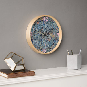 William Morris Beautiful Floral Pattern Blue Pink Clock