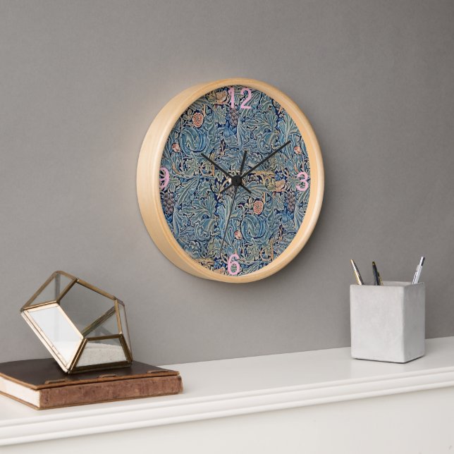 William Morris Beautiful Floral Pattern Blue Pink Clock (Office)