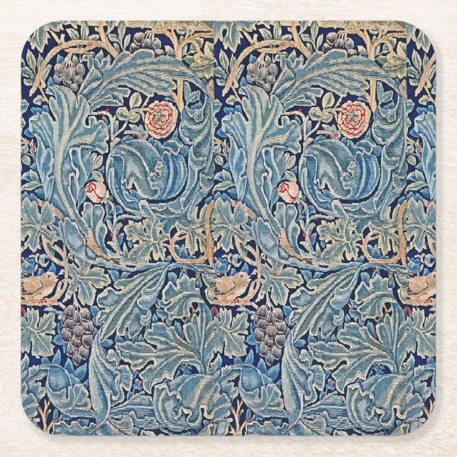 William Morris Beautiful Floral Pattern Blue Pink  Square Paper Coaster (Front)