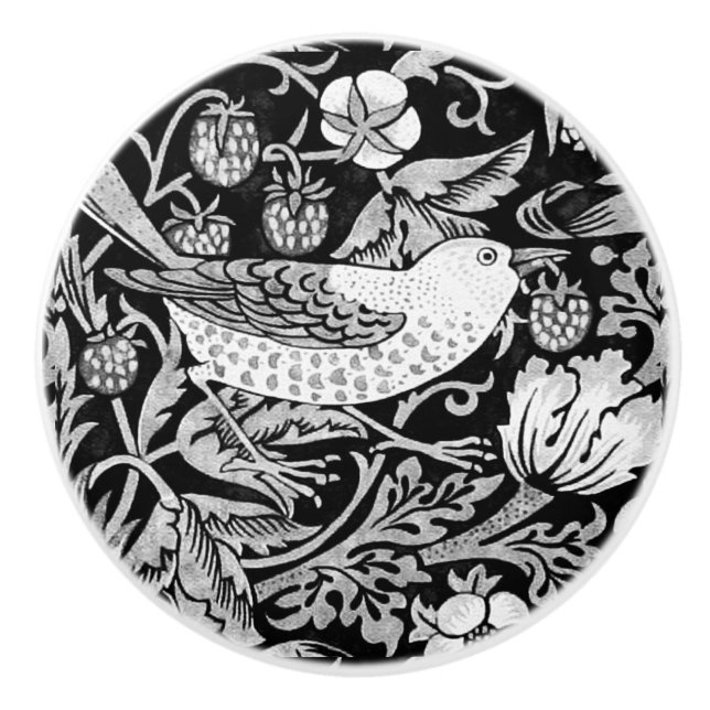 William Morris Bird & Flower Black and White  Ceramic Knob (Front)