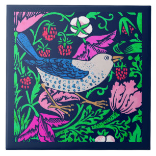 William Morris Bird & Flower Tile, Navy & Fuchsia Ceramic Tile