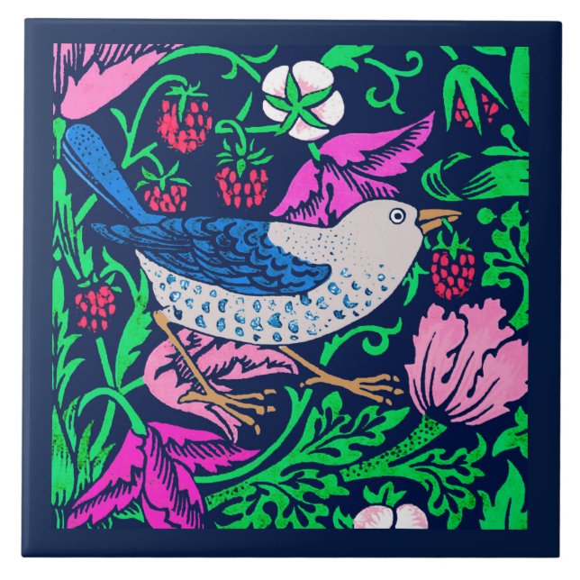 William Morris Bird & Flower Tile, Navy & Fuchsia Ceramic Tile (Front)