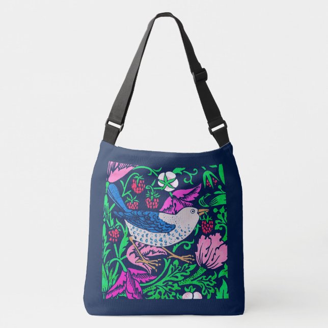 William Morris Bird & Flower Tile, Navy & Fuchsia Crossbody Bag (Front)