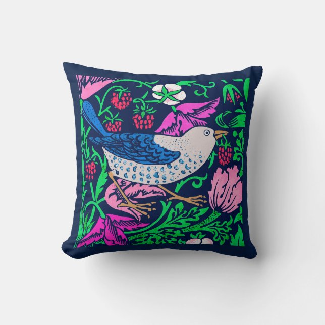 William Morris Bird & Flower Tile, Navy & Fuchsia Cushion (Front)