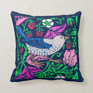 William Morris Bird & Flower Tile, Navy & Fuchsia Cushion