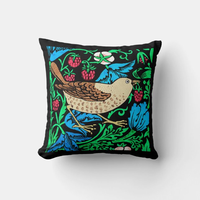 William Morris Bird & Flower Tile, on Black Cushion (Front)