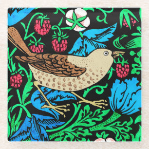 William Morris Bird & Flower Tile, on Black Glass Coaster