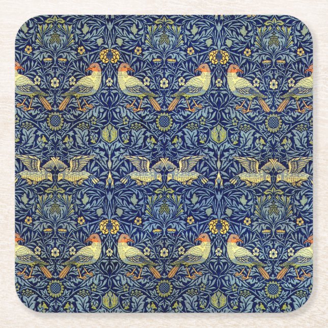 William Morris Bird Pattern Square Paper Coaster (Front)