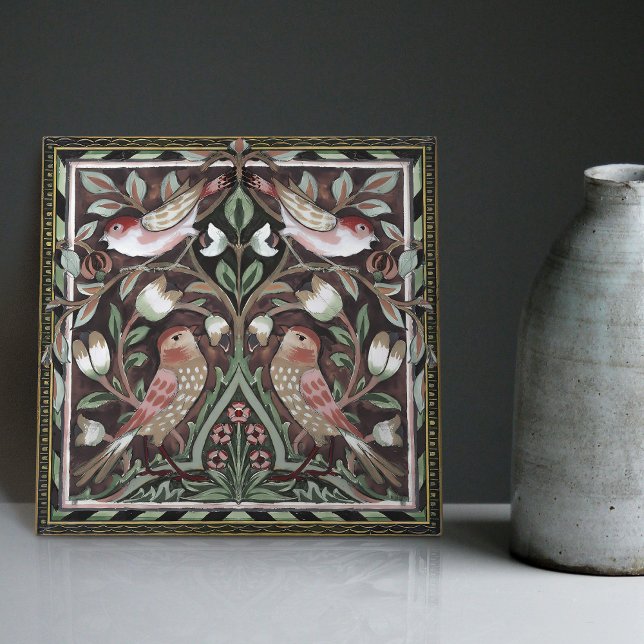 William Morris Birds Tulips Terracotta Art Nouveau Ceramic Tile (Creator Uploaded)