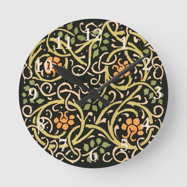William Morris Black Floral Art Print Design Round Clock (Front)