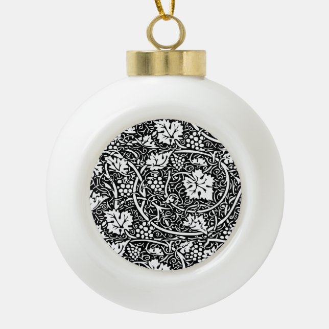 William Morris Black White Grape Vine Ceramic Ball Christmas Ornament (Front)